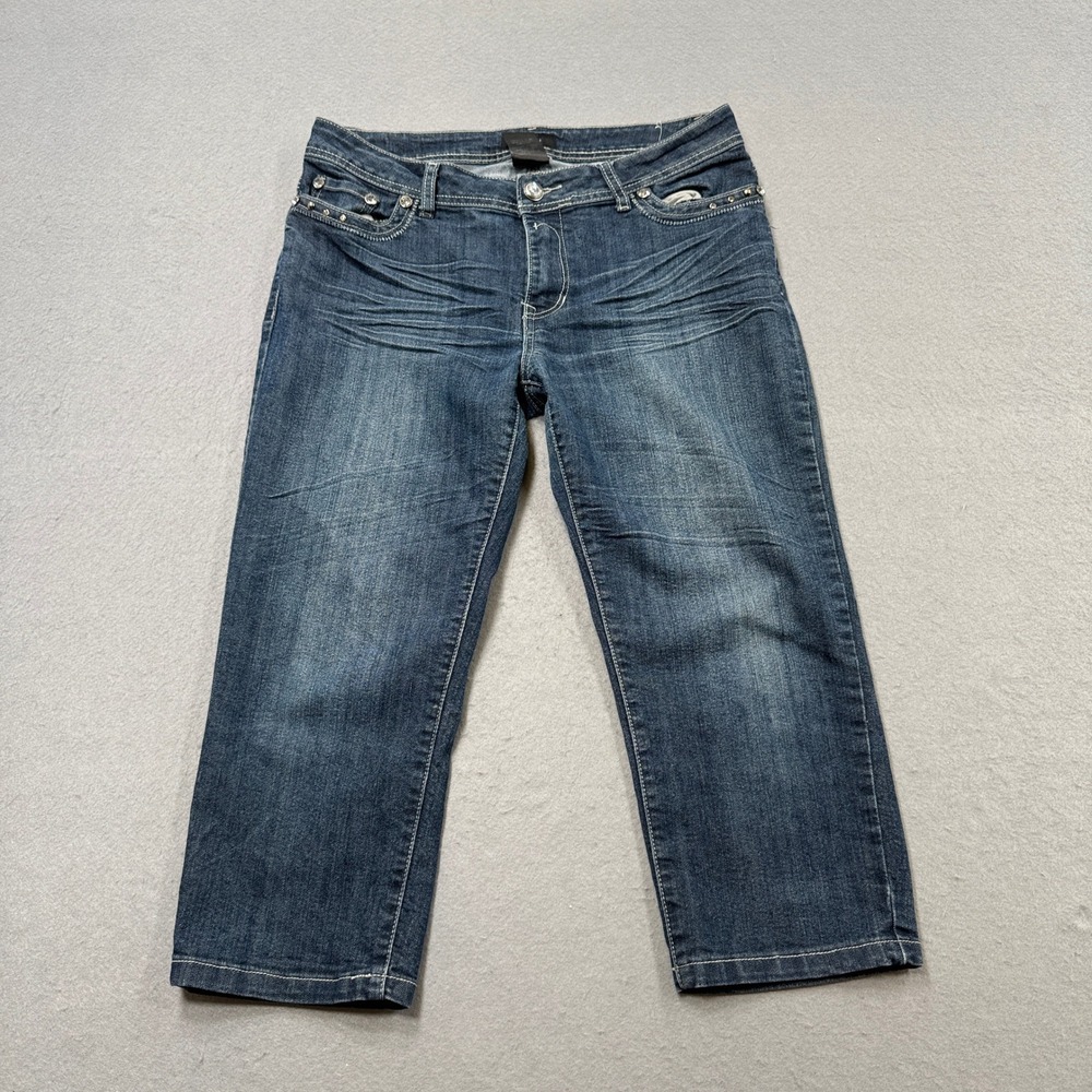 Suko Capri Jeans Women's 12 Blue Denim Cropped Medium Wash Embellished Pockets